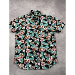 Rude Shirt Mens Medium Black Hawaiian Corgi Floral Button Up Short Sleeve Cotton